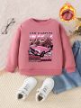 Girls' Warm Fleece-lined Sweatshirt With Letter & Car Print