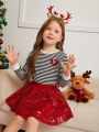 SHEIN Kids CHARMNG Young Girl Striped & Heart Print Tee & Sequin Skirt for Christmas