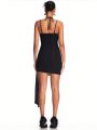 SHEIN BAE Women's Solid Black Mini Elegant Dress With Rhinestone Chain, Butterfly Shaped, Halter Neckline, Hollow Out, Ruffle Trimmed, Music Festival Party Date Night Outfit