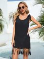 SHEIN Swim BohoFeel Tie Knot Backless Tassel Hem Sleeveless Cover Up Dress