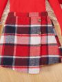 SHEIN Tween Girl Ruffle Trim Tee & Plaid Print Asymmetrical Hem Skirt & Hat for Christmas