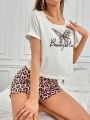 Women's Butterfly & Letter Print Short Sleeve Top With Leopard Print Shorts Pajama Set