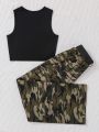 SHEIN Girls' Knitted Letter Printed Vest With Diagonal Pockets & Camouflage Pants & 1pc Waist Bag