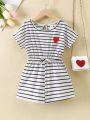 SHEIN Kids EVRYDAY Young Girls' Casual Striped Heart Pattern Off Shoulder Romper Shorts For Spring/Summer