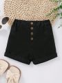 Young Girls' Basic Casual Button Decor Elastic Waistband Rolled Cuff Denim Shorts