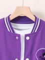 Tween Girl Letter Patched Striped Trim Colorblock Varsity Jacket Without Tee