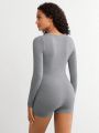 SHEIN Leisure Zip Front Long Sleeve Loungewear Romper