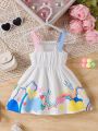 Baby Girl Summer Thin Strap Dress With Cute Printed Skirt