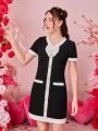 Teenage Girls' Colorblock Button Detail Bowknot Decor Dress With Rolled Hem