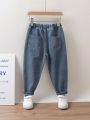 Young Boy Solid Elastic Waist Jeans