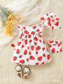 Baby Girls' Strawberry Patterned Bucket Hat, Bag And High Waisted Dress