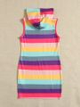 SHEIN Kids Y2Kool Toddler Girls Color Block Stripe Hooded Dress