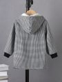 SHEIN Kids FANZEY Young Boy Houndstooth Print Teddy Lined Hooded Coat