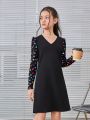 SHEIN Girls' Vintage Simple Street Style V-Neck Long Sleeve Dress With Heart Print