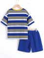 SHEIN Kids EVRYDAY Boys' Casual Colorful Stripe Design Applique Round Neck Loose Short Sleeve Top And Solid Color Shorts Knitted 2-piece Set