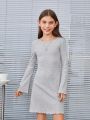 SHEIN Kids EVRYDAY Big Girls' Knit Solid Color Round Neck Slim Fit Casual Dress