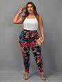 SHEIN CURVE+ Plus Size Women's Floral Pattern Cropped Leggings