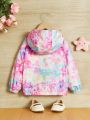 SHEIN Kids QTFun Toddler Girls' Multi-Color Tie-Dye Unicorn & Animal Print Hooded Jacket With Long Sleeves For Autumn And Winter