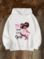 Tween Girl Slogan & Figure Graphic Hoodie