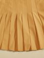 Teen Girl Letter Patched Striped Trim Drop Shoulder Varsity Jacket & Pleated Skirt