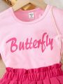 SHEIN Kids EVRYDAY Young Girls' Casual Letter Printed Top And Pleated Skirt 2pcs/Set For Summer