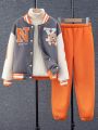 Tween Girls' Grey Bear & Letter Print Baseball Jacket And Orange Sweatpants 2pcs/set