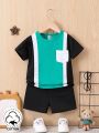 Street Style Fashionable Boys' Color Block Short Sleeve T-Shirt And Shorts Set