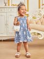 Baby Girl'S Blue Floral Print Elegant Dress