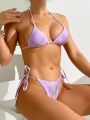 SHEIN Swim Y2GLAM Women's Rhinestone Decor Halter Neck Tied Bikini Set