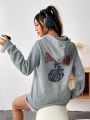 Letter & Motorcycle Graphic Drop Shoulder Drawstring Hoodie