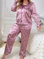 Heart Pattern Color Block Pajama Set With Piping Trim For Plus Size Women