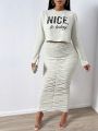 SHEIN SXY Slogan Printed Long Sleeve T-shirt And Pleated Midi Skirt 2pcs/set