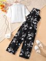 SHEIN Kids SUNSHNE Tween Girl's Casual Short-Sleeved Blazer With Floral Pattern Sleeveless Removable Belt Jumpsuit Set