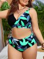 SHEIN Swim Vcay Plus Size Women's Two-piece Swimsuit With Leaf Pattern