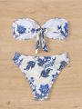 SHEIN Swim Vcay Flower Pattern Strapless Bikini Swimsuit