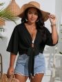 SHEIN Swim Basics Plus Solid Tie Front Crop Kimono