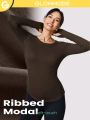 GLOWMODE Ribbed Modal Simple Life Long-Sleeve Hip Length Top With Thumbhole