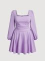 SHEIN MOD Plus Size Solid Color Square Neckline With Pleated Design Long Sleeve Dress