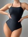 SHEIN Swim Basics Women'S Back Cross Straps One-Piece Swimsuit