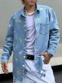 Men Floral Embroidery Pocket Patched Denim Shirt Without Tee
