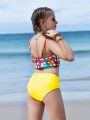 Girls' Cute Bikini Swimsuit With Plaid Print, 2pcs/set