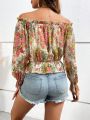 SHEIN VCAY Holiday Off Shoulder Blouse With Floral Print And Ruffled Hem