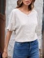 Crochet Panel Back V-Neck Eyelet Embroidery T-Shirt