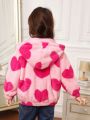 SHEIN Young Girl Heart Pattern Hooded Teddy Jacket Without Sweater