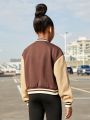 SHEIN Kids Cooltwn Big Girls' Casual Knitted Color Block Patchwork Jacket Coat, Autumn And Winter