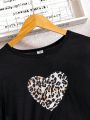 2pcs Teenage Girls' Leopard Print Heart Long Sleeve T-shirt And Leggings Set