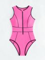 SHEIN Swim SPRTY One Piece Swimsuit With Contrast Color Trim, Front Zipper And Rolled Hem