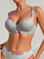 Women's Letter Jacquard Strap Bra With Non-Removable Molded Cups