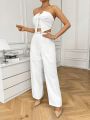 SHEIN Privé Women's Bowknot Strapless Top And Wide Leg Pants Two Piece Set