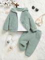 SHEIN Baby Boy Zip Up Hooded Teddy Jacket & Pants & Tee